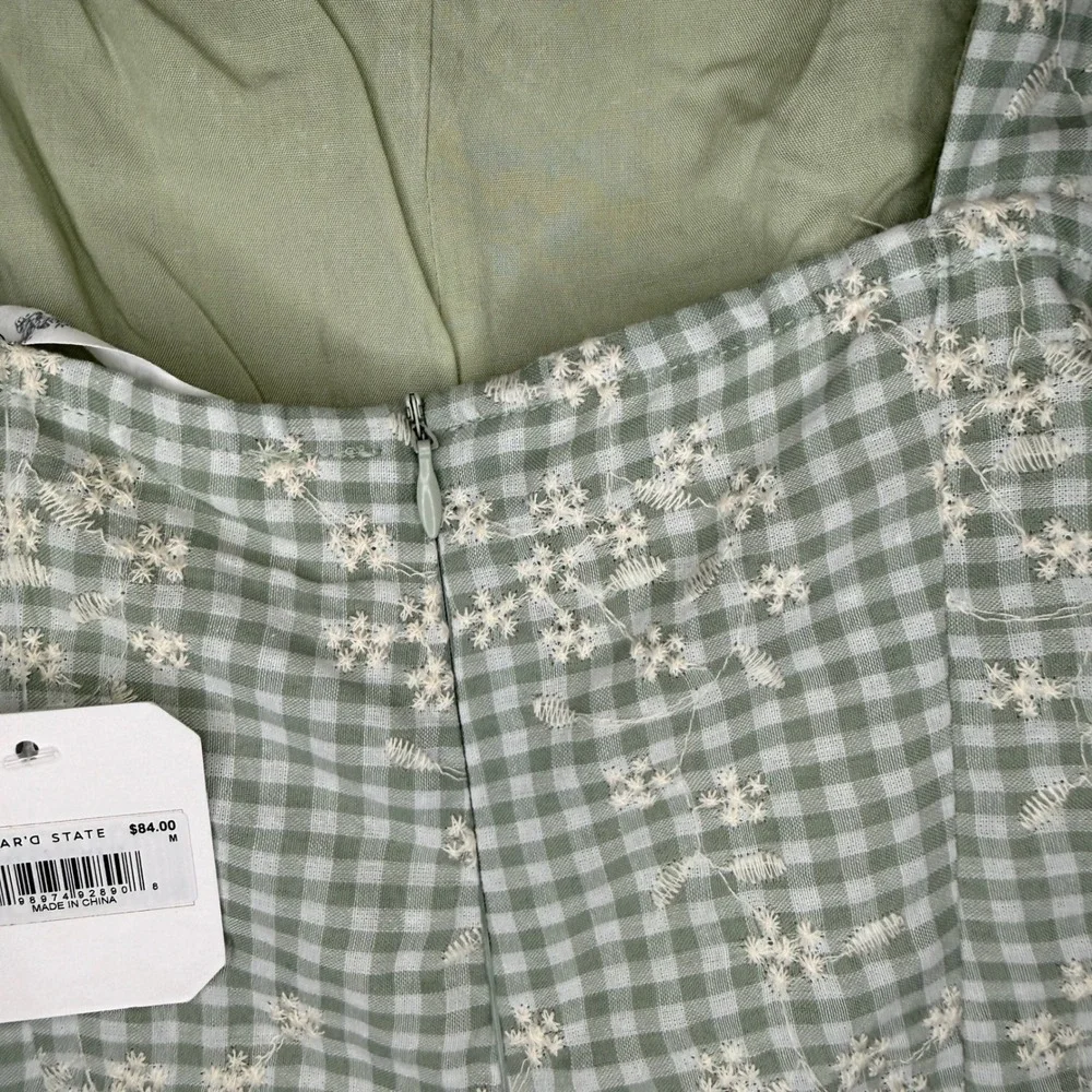 Altar'd State Size Medium Sage Green Gingham Floral Embroidered Tie Strap Romper - Picture 5 of 9
